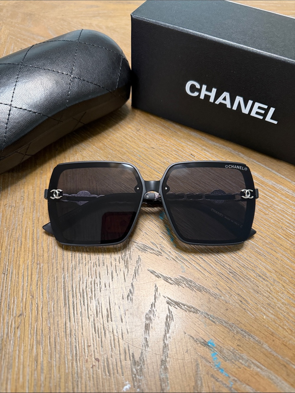 CHANEL Black & Silver Oversized Square Sunglasses with CC Emblems